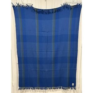 Handwoven Blue Green Striped blanket 100% virgin wool The Three Weavers TX 74x52